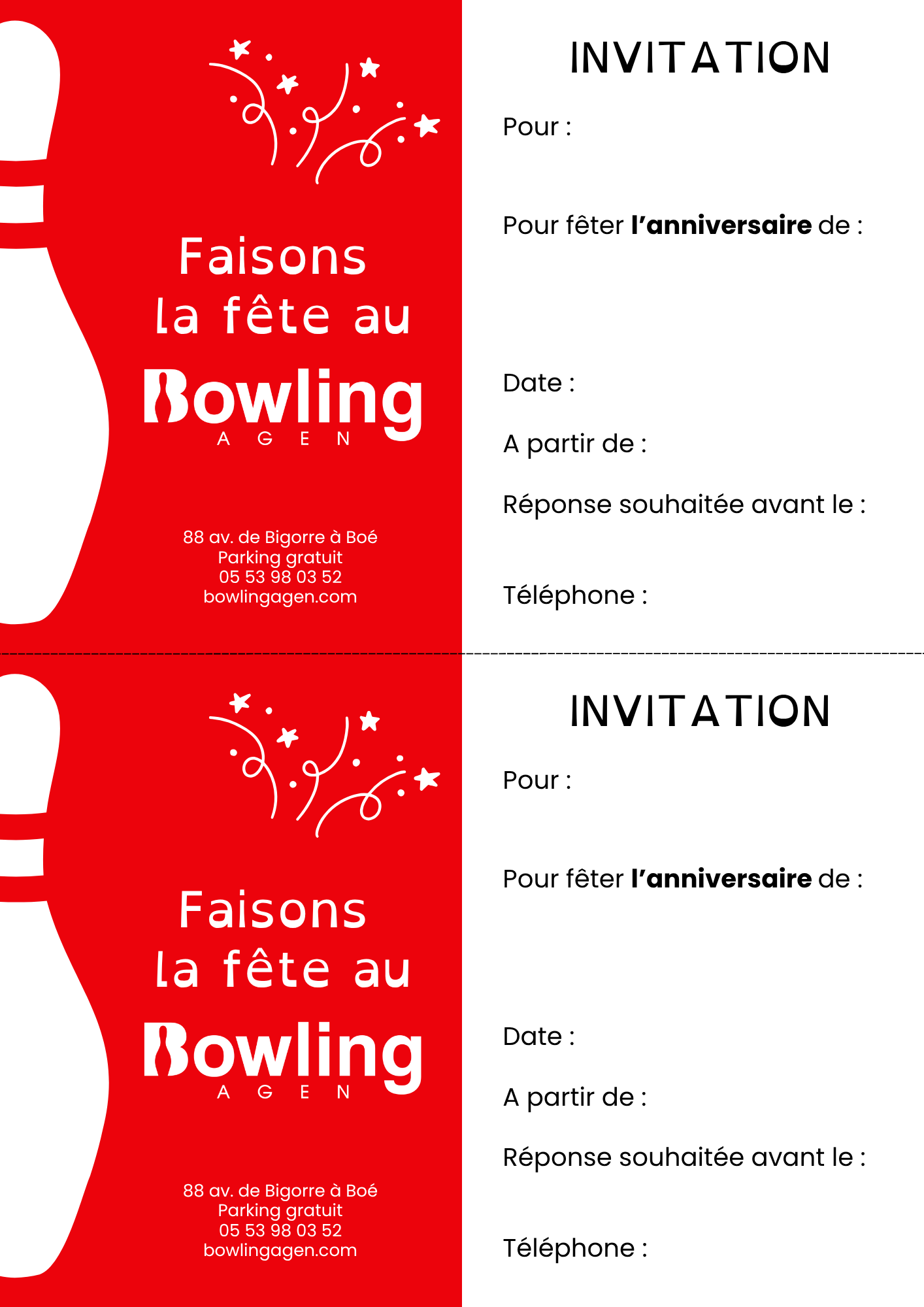 Carte d'invitation « Faisons la fête au Bowling », à imprimer